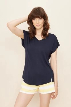 Basic T-Shirt In Dunkelblau Mit Kontrastdetail In Gelb Mix Und Match Viskose/Elasthan