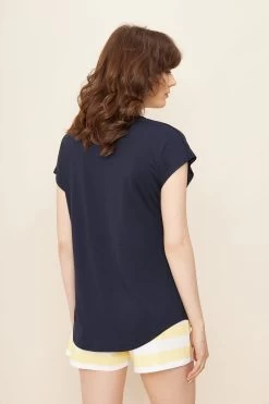 Basic T-Shirt In Dunkelblau Mit Kontrastdetail In Gelb Mix Und Match Viskose/Elasthan -Pyjamas Für Zuhause 1222061 16516 8