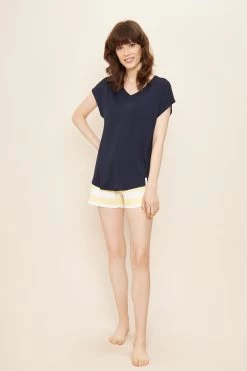 Basic T-Shirt In Dunkelblau Mit Kontrastdetail In Gelb Mix Und Match Viskose/Elasthan -Pyjamas Für Zuhause 1222061 16516 9