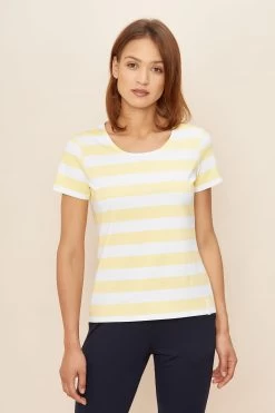 T-Shirt Im Sommerlichen Ringeldruck Gelb-Weiß Mix Und Match Baumwolle/Elasthan