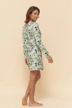 Nachthemd Im Frischen Blumendruck Grün-Rosa Crochetta-Nähte Baumwolle/Elasthan -Pyjamas Für Zuhause 1222100 16403 2