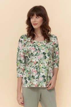 Pyjamashirt Im Frischen Blumendruck Grün-Rosa Mix & Match Baumwolle/Elasthan