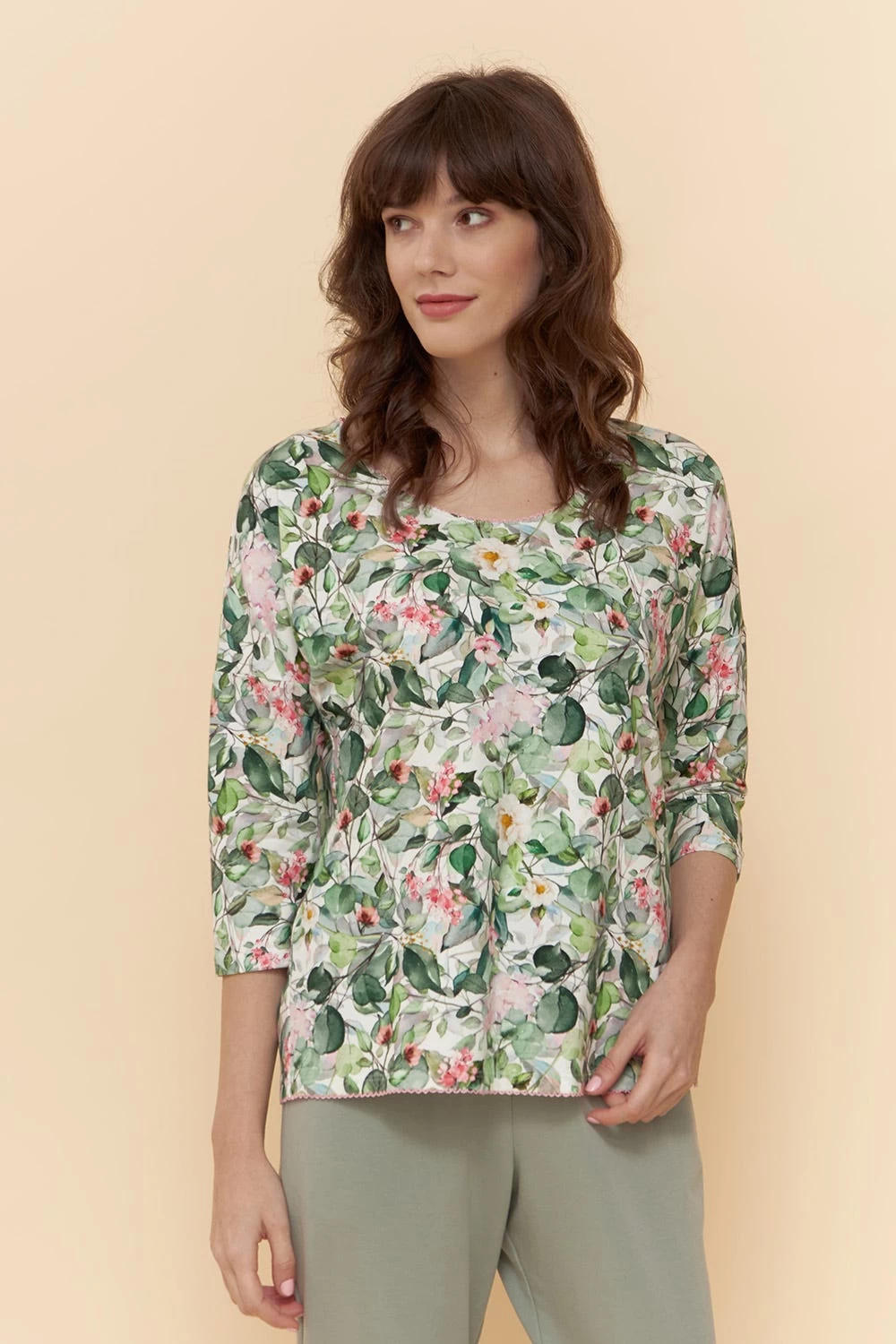 Pyjamashirt Im Frischen Blumendruck Grün-Rosa Mix & Match Baumwolle/Elasthan 1 Pyjamashirt Im Frischen Blumendruck Grün-Rosa Mix & Match Baumwolle/Elasthan