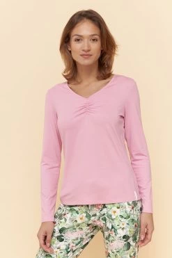 Pyjamashirt In Rosa Uni V-Ausschnitt Mix & Match Viskose/Elasthan