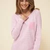 Pyjamashirt Im Rosa Ringel Ripp-Struktur Brusttasche Mix & Match 100% Baumwolle