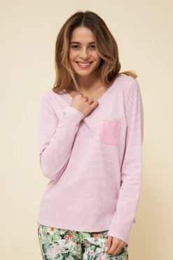 Pyjamashirt Im Rosa Ringel Ripp-Struktur Brusttasche Mix & Match 100% Baumwolle