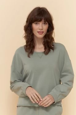 Sweatshirt Mit Ziernähten Grün Uni Mix & Match Baumwolle/Elasthan