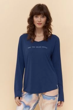 Pyjamashirt Mit Schriftzug "make Your Dreams Happen" Blau Viskose/Elasthan