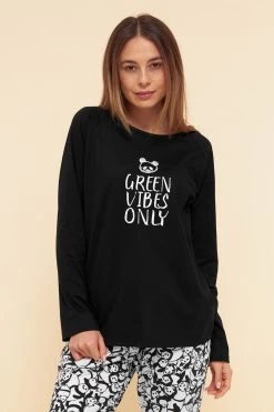 Pyjamashirt Mit Motivdruck "green Vibes Only" Schwarz Mix & Match 100% Baumwolle