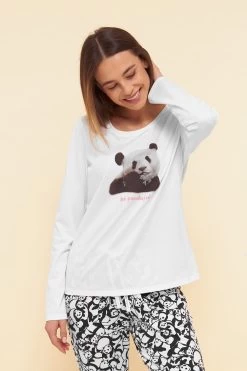 Pyjamashirt Mit Motivdruck "be Pandaful" Weiß Mix & Match 100% Baumwolle