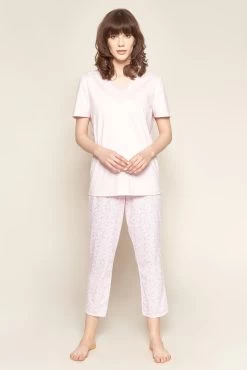 Pyjama Kurz Mit Gingkoblätter-Druck Rosa Verspielt 100% Baumwolle