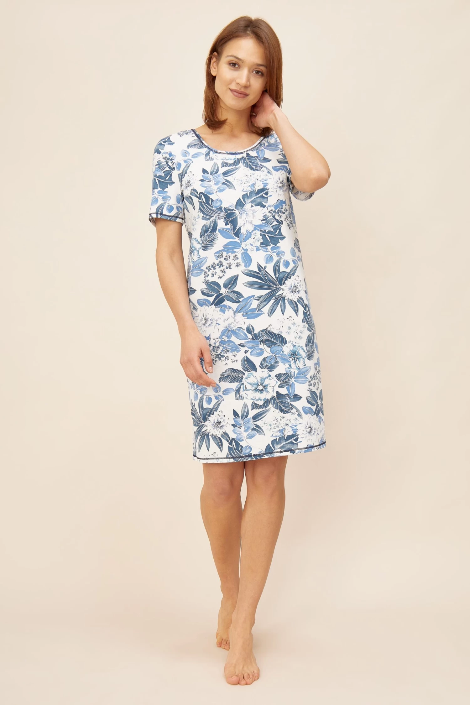 Nachthemd Kurzarm Im Blumenprint Blau-Töne Tailliert Baumwolle/Elasthan 1 Nachthemd Kurzarm Im Blumenprint Blau-Töne Tailliert Baumwolle/Elasthan