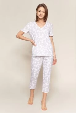 Pyjama Kurz Im Blumendruck Wickeloptik Spitzenband 100% Baumwolle