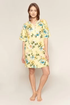 Bigshirt Im Blumendruck Gelb Kimono-Style 100% Baumwolle