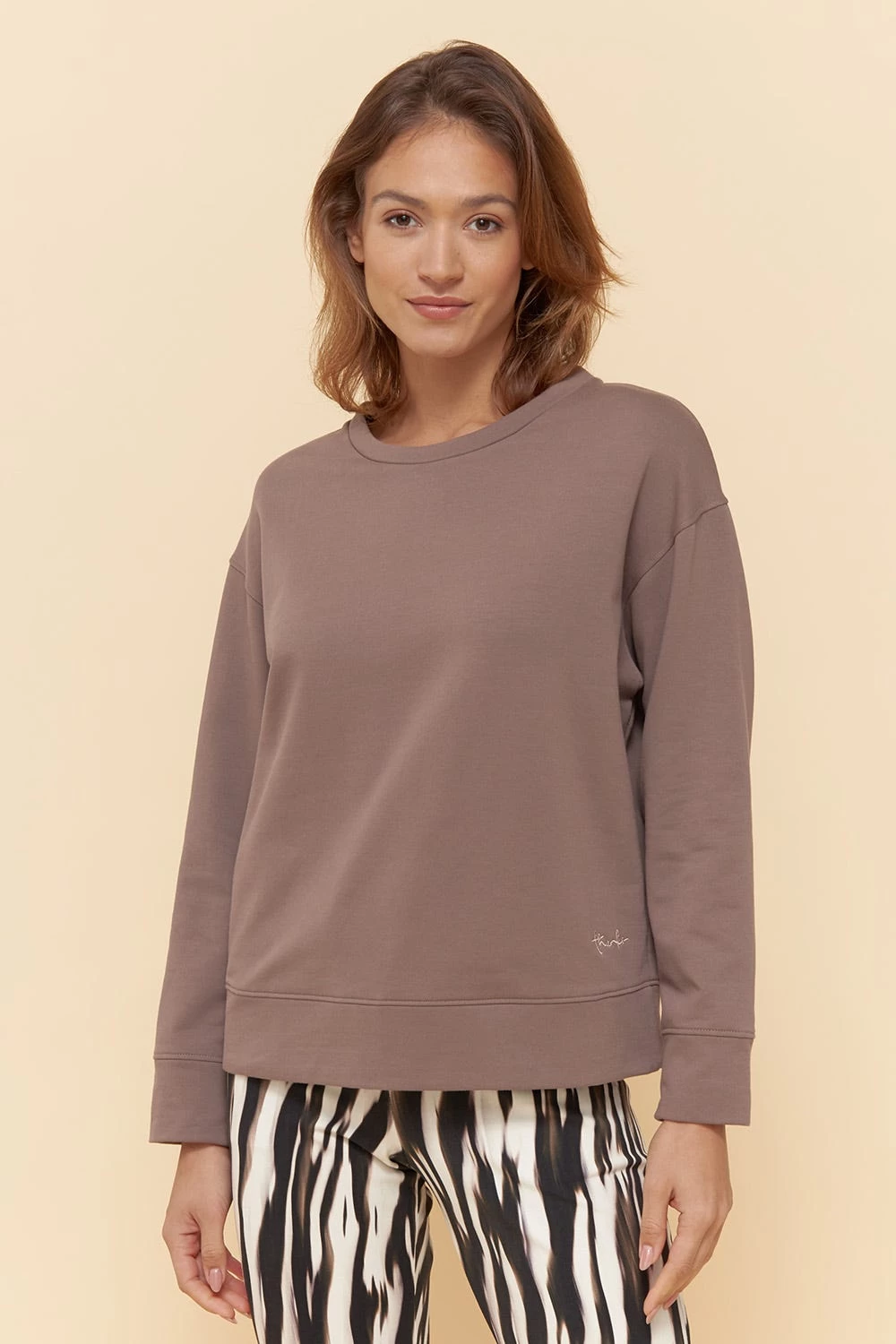 Sweatshirt Mit Stickerei "thanks" Braun Rundhals Bio-Baumwolle/Elasthan 1 Sweatshirt Mit Stickerei "thanks" Braun Rundhals Bio-Baumwolle/Elasthan