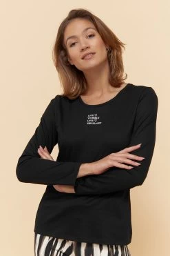 Langarmshirt Mit Schriftzug "love Yourself, Love The Planet" Schwarz 100% Bio-Baumwolle