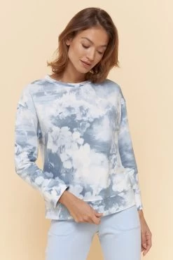 Sweatshirt Im Blauen Batik-Druck Loungeshirt Bio-Baumwolle/Elasthan