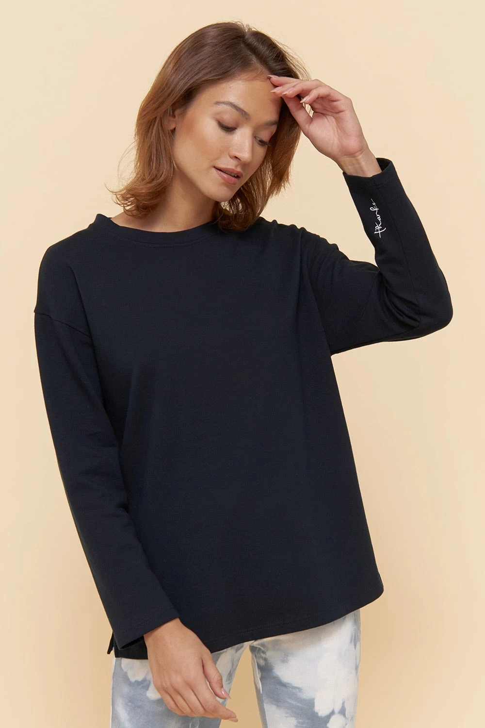 Sweatshirt Mit Stickerei "thanks" Dunkelblau Einfarbig Bio-Baumwolle/Elasthan 1 Sweatshirt Mit Stickerei "thanks" Dunkelblau Einfarbig Bio-Baumwolle/Elasthan