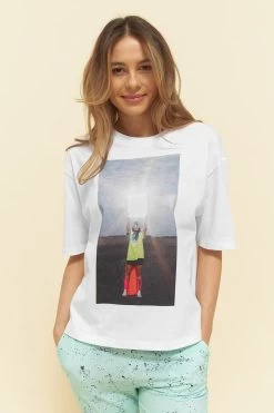 T-Shirt Mit Großem Motivdruck Halbarm Weiß Lässig Mix & Match 100% Bio-Baumwolle