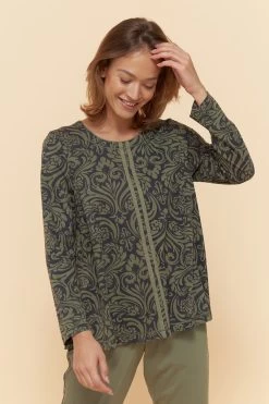 Pyjamashirt Im Orientalischen Druck Grün-Schwarz Aufgenähte Bänder Mix & Match Baumwolle/Modal Große Größen Bis 54