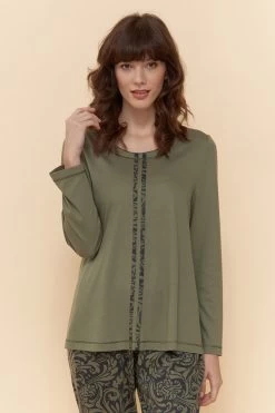 Pyjamashirt Mit Aufgenähten Bändern In Druck Grün Mix & Match Baumwolle/Modal Große Größen Bis 54