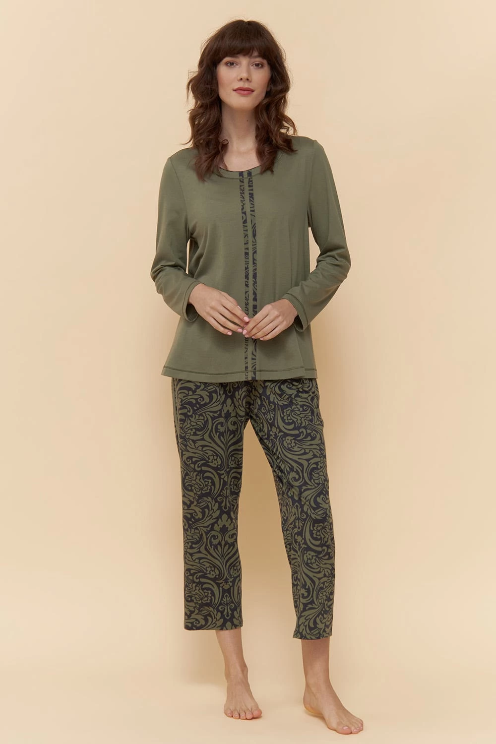 Pyjamashirt Mit Aufgenähten Bändern In Druck Grün Mix & Match Baumwolle/Modal Große Größen Bis 54 4 Pyjamashirt Mit Aufgenähten Bändern In Druck Grün Mix & Match Baumwolle/Modal Große Größen Bis 54 - Image 4