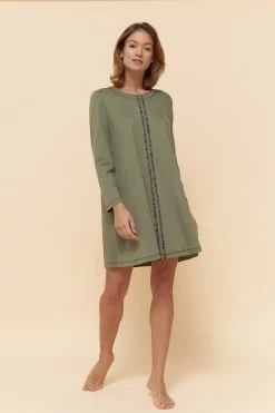 Nachthemd Mit Aufgenähten Bändern In Druck Grün Baumwolle/Modal Große Größen Bis 54