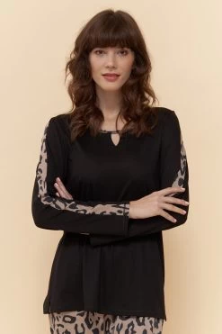 Pyjamashirt Mit Leo-Details A-Linie Schwarz Mix & Match Baumwolle/Modal