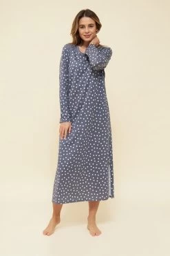 Nachtkleid Im Tupfendruck Ziernähte Maxi-Länge 100% Baumwolle