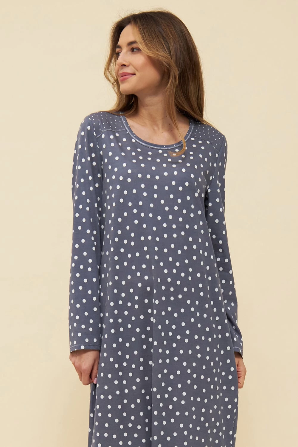 Nachtkleid Im Tupfendruck Ziernähte Maxi-Länge 100% Baumwolle 4 Nachtkleid Im Tupfendruck Ziernähte Maxi-Länge 100% Baumwolle - Image 4