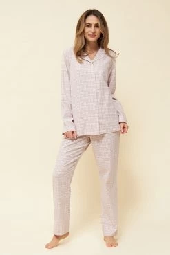 Pyjama Langarm Im Rosa Karodruck Flanell Herrenstil 100% Baumwolle