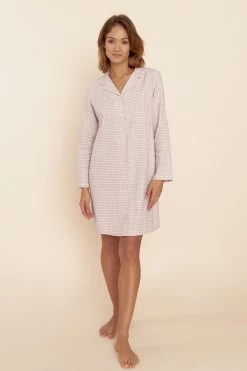 Nachthemd Langarm Im Rosa Karodruck Flanell Herrenstil 100% Baumwolle