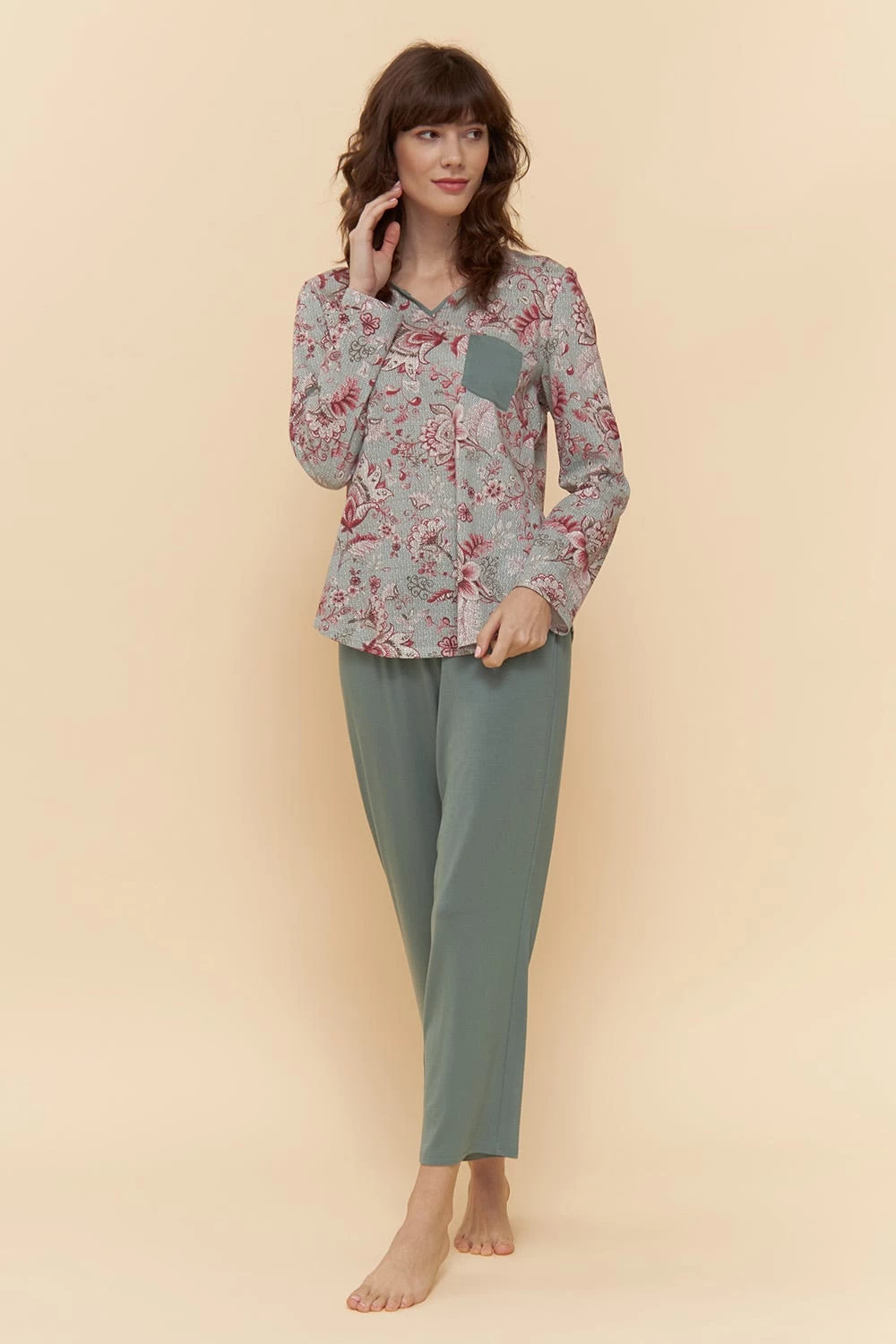 Pyjama Langarm Ornamentaler Blumen-Druck 100% Baumwolle 1 Pyjama Langarm Ornamentaler Blumen-Druck 100% Baumwolle