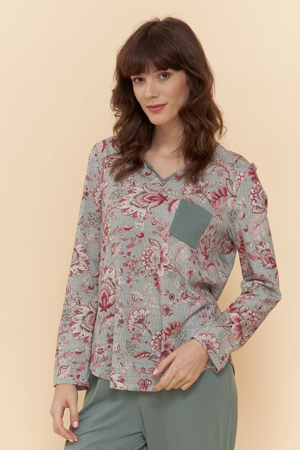 Pyjama Langarm Ornamentaler Blumen-Druck 100% Baumwolle 4 Pyjama Langarm Ornamentaler Blumen-Druck 100% Baumwolle - Image 4