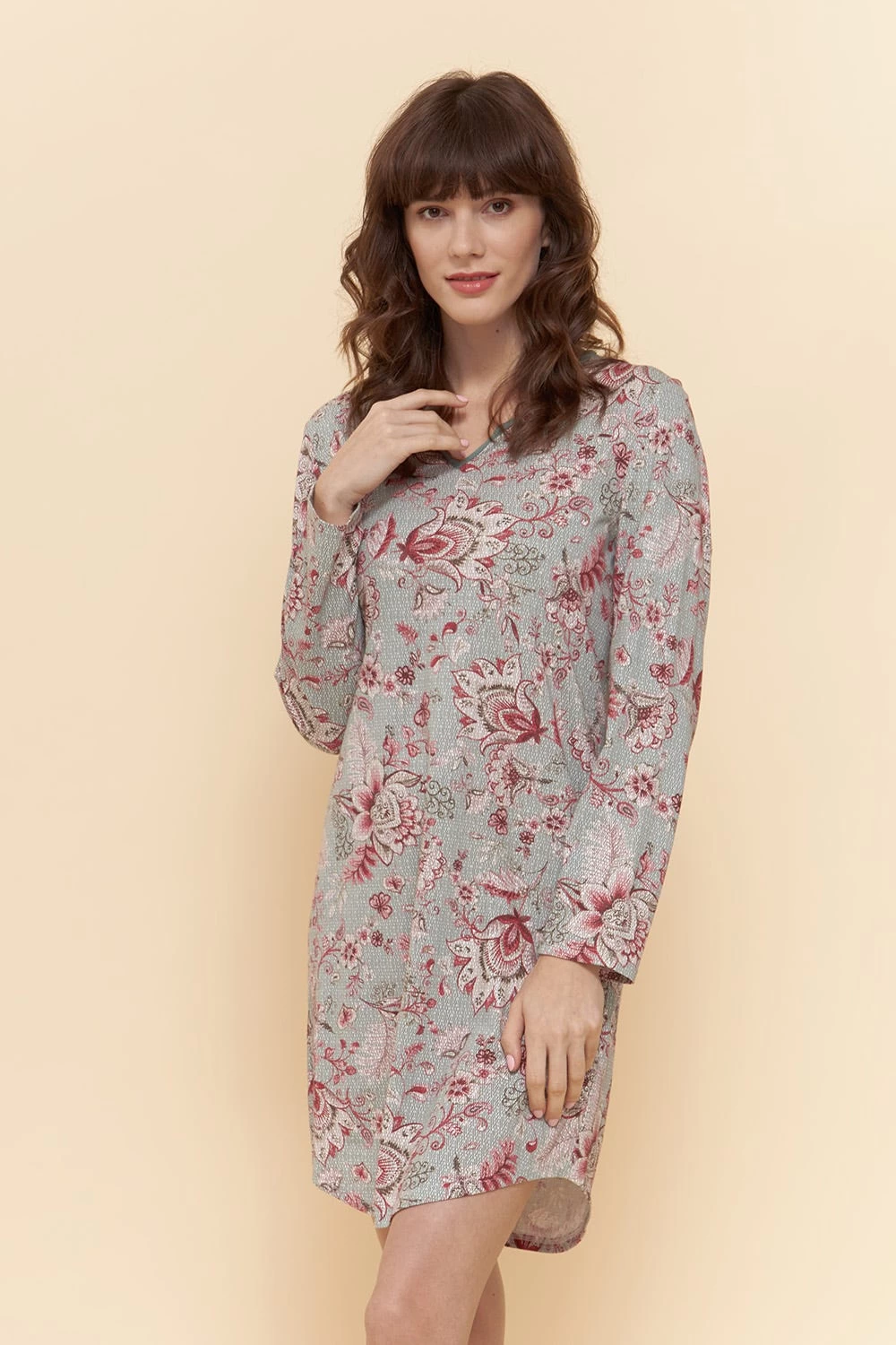 Nachthemd Langarm Ornamentaler Blumen-Druck 100% Baumwolle 4 Nachthemd Langarm Ornamentaler Blumen-Druck 100% Baumwolle - Image 4