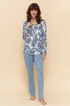 Pyjama Mit Blauem Blumen-Druck Stehkragen 100% Baumwolle