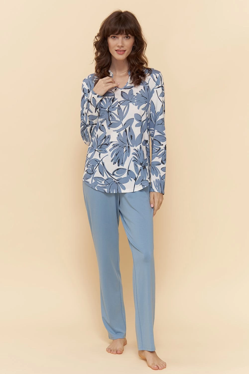 Pyjama Mit Blauem Blumen-Druck Stehkragen 100% Baumwolle 1 Pyjama Mit Blauem Blumen-Druck Stehkragen 100% Baumwolle