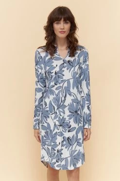 Nachthemd Im Blauen Blumen-Druck Stehkragen 100% Baumwolle -Pyjamas Für Zuhause 1223559 16383 3