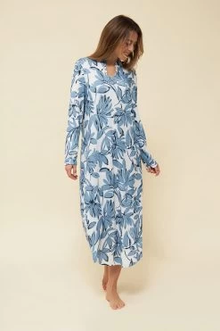 Nachtkleid Im Blauen Blumen-Druck Stehkragen Maxi-Länge 100% Baumwolle