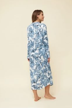 Nachtkleid Im Blauen Blumen-Druck Stehkragen Maxi-Länge 100% Baumwolle -Pyjamas Für Zuhause 1223560 16383 2
