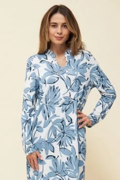 Nachtkleid Im Blauen Blumen-Druck Stehkragen Maxi-Länge 100% Baumwolle -Pyjamas Für Zuhause 1223560 16383 3