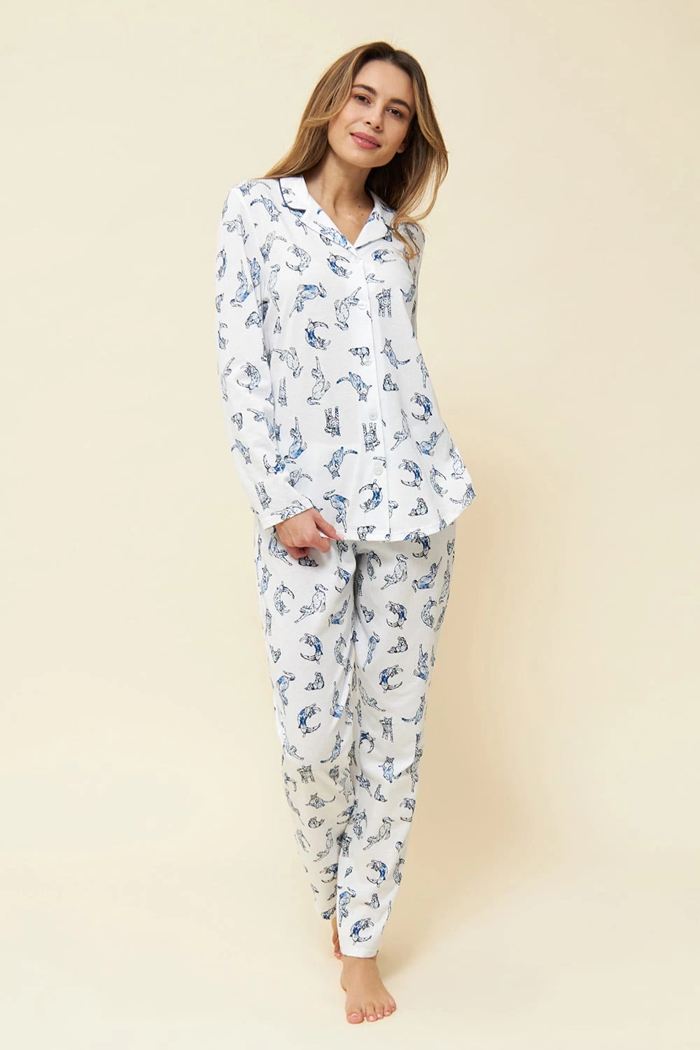 Pyjama Im Verspielten Katzen-Druck Herrenhemd-Stil 100% Baumwolle 1 Pyjama Im Verspielten Katzen-Druck Herrenhemd-Stil 100% Baumwolle