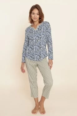 Pyjama Im Modernen Mustermix Blau-Grün 7/8 Hose 100% Baumwolle