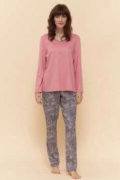 Pyjama Langarm Mit Grauem Spitzendruck 100% Baumwolle