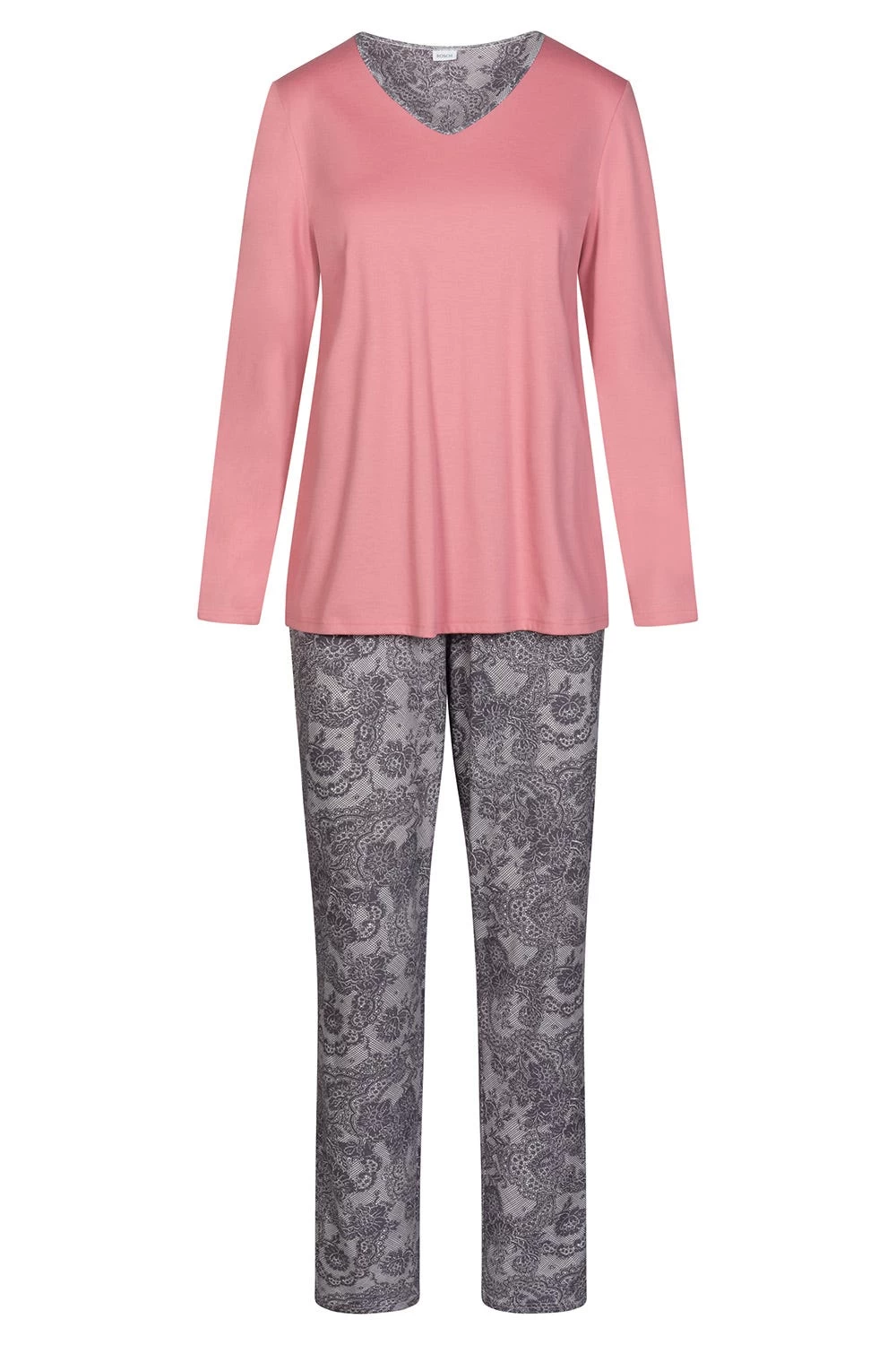 Pyjama Langarm Mit Grauem Spitzendruck 100% Baumwolle 2 Pyjama Langarm Mit Grauem Spitzendruck 100% Baumwolle - Image 2