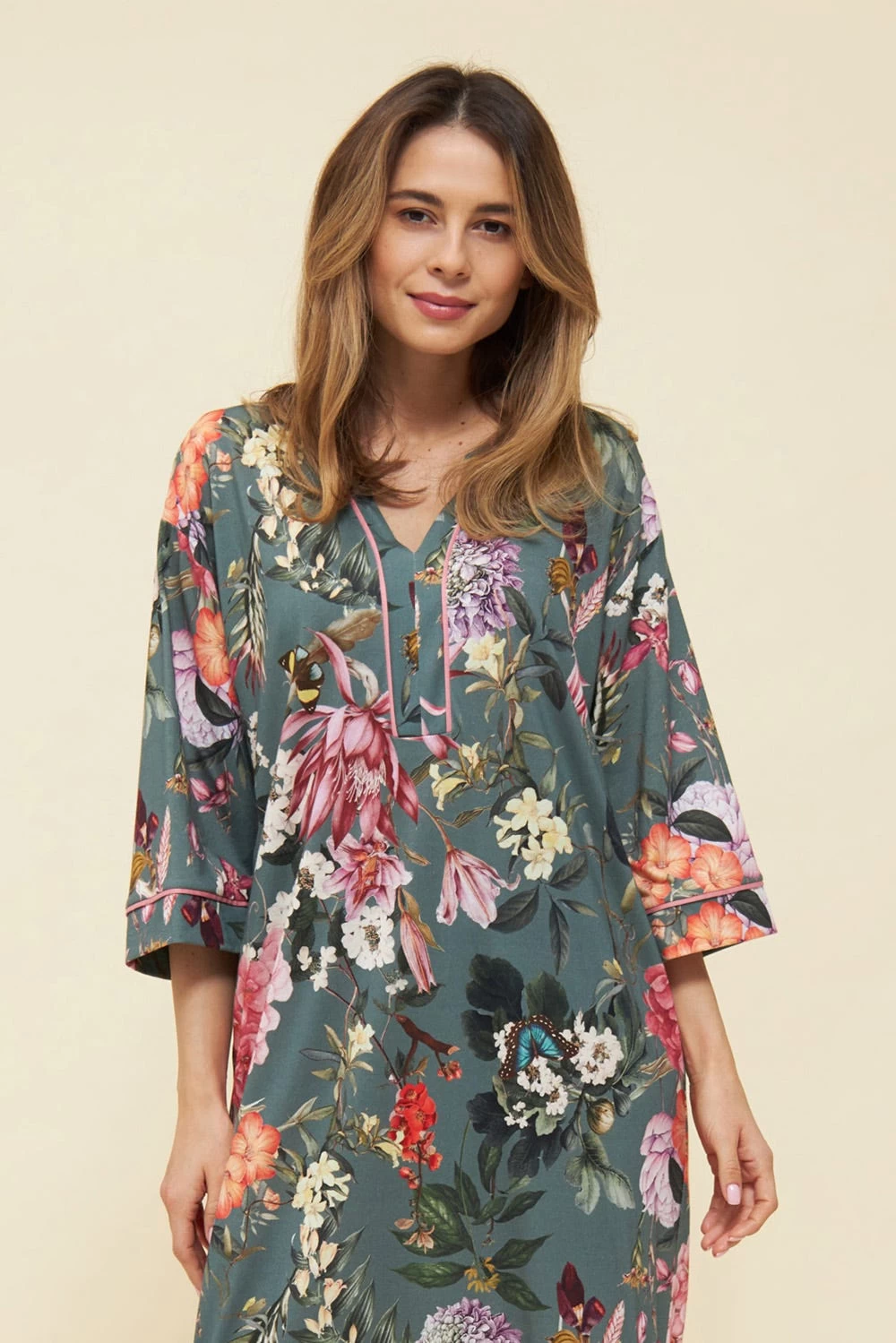 Nachtkleid Maxi-Länge Im Romantischen Blumendruck Kimono-Stil Baumwolle/Modal 2 Nachtkleid Maxi-Länge Im Romantischen Blumendruck Kimono-Stil Baumwolle/Modal - Image 2