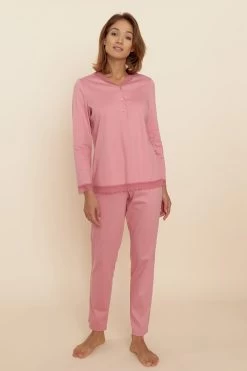 Pyjama Mit Spitzendetails Rosa Knopfleiste 100% Baumwolle