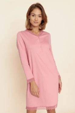 Nachthemd Mit Spitzendetails Rosa Knopfleiste 100% Baumwolle -Pyjamas Für Zuhause 1223609 16372 3