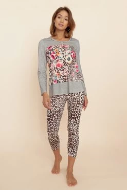 Pyjama Mit Leo-Blumendruck Grau Leggings Baumwolle/Elasthan