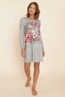 Nachthemd Mit Leo-Blumendruck Grau 100% Baumwolle